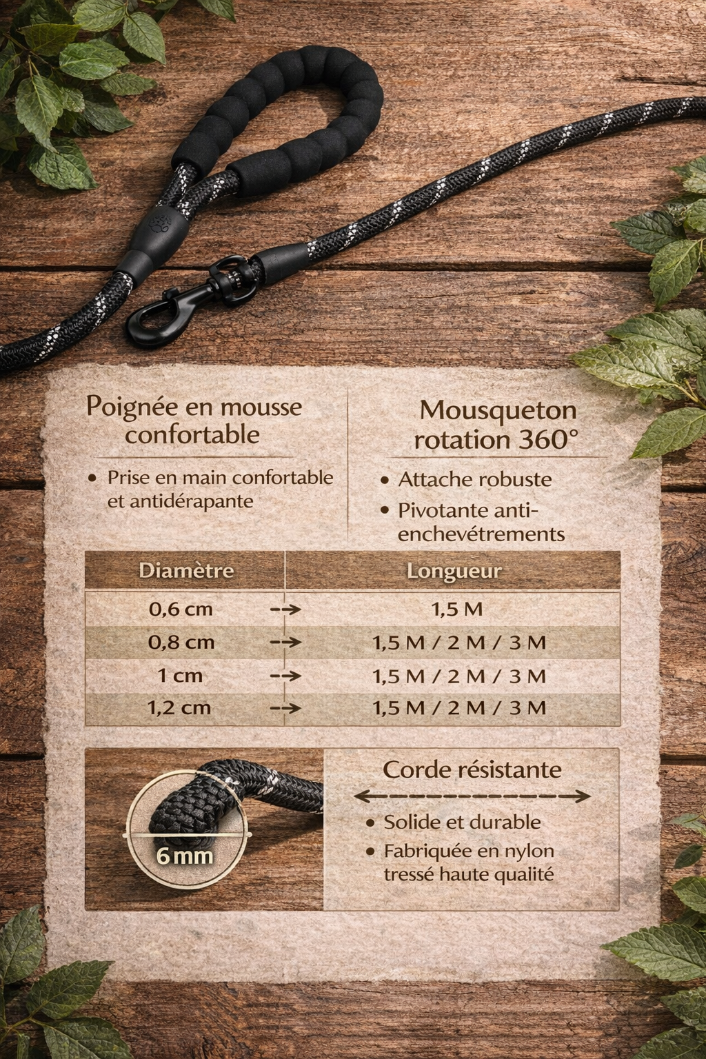 🧵 Laisse courte renforcée — Contrôle & stabilité en promenade Canalisation douce pour balades urbaines maîtrisées