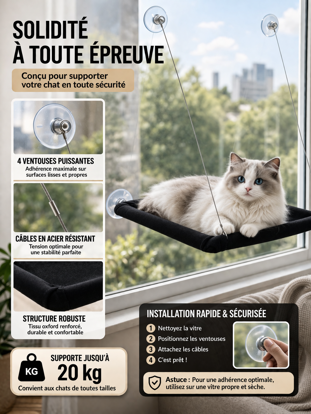 🪢Suspended window hammock — Secure observation post